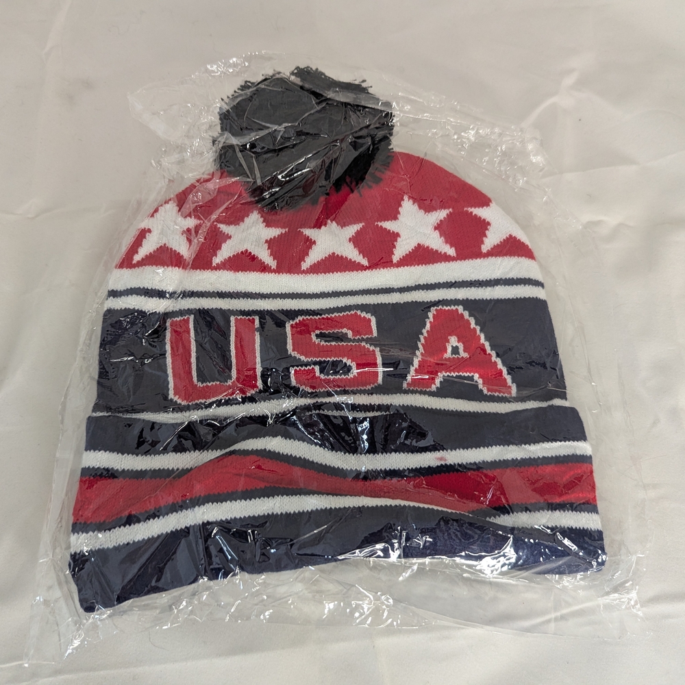 USA Patriotic Knit Beanie with Pom - Picture 2 of 3